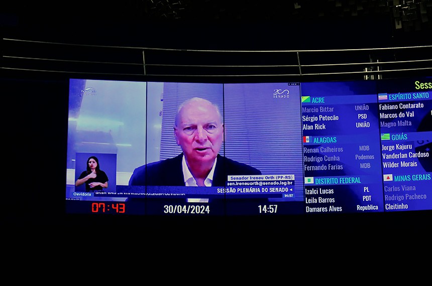 No painel, senador Ireneu Orth (PP-RS) em pronunciamento via videoconferência.