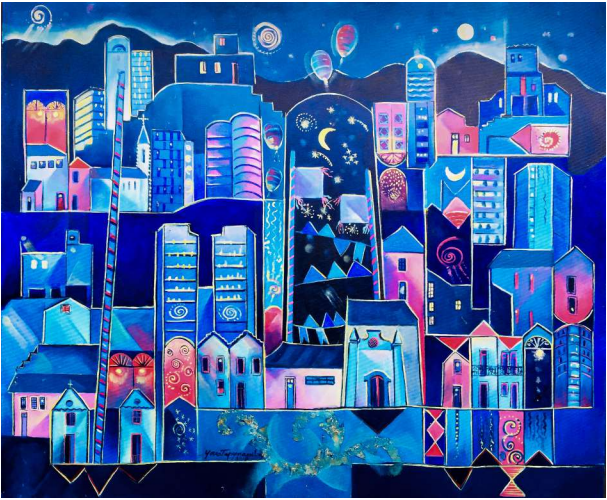 Obra de Yara Tupynambá. 2019. Noite de São João. Acrílica sobre tela 100 x 120 cm