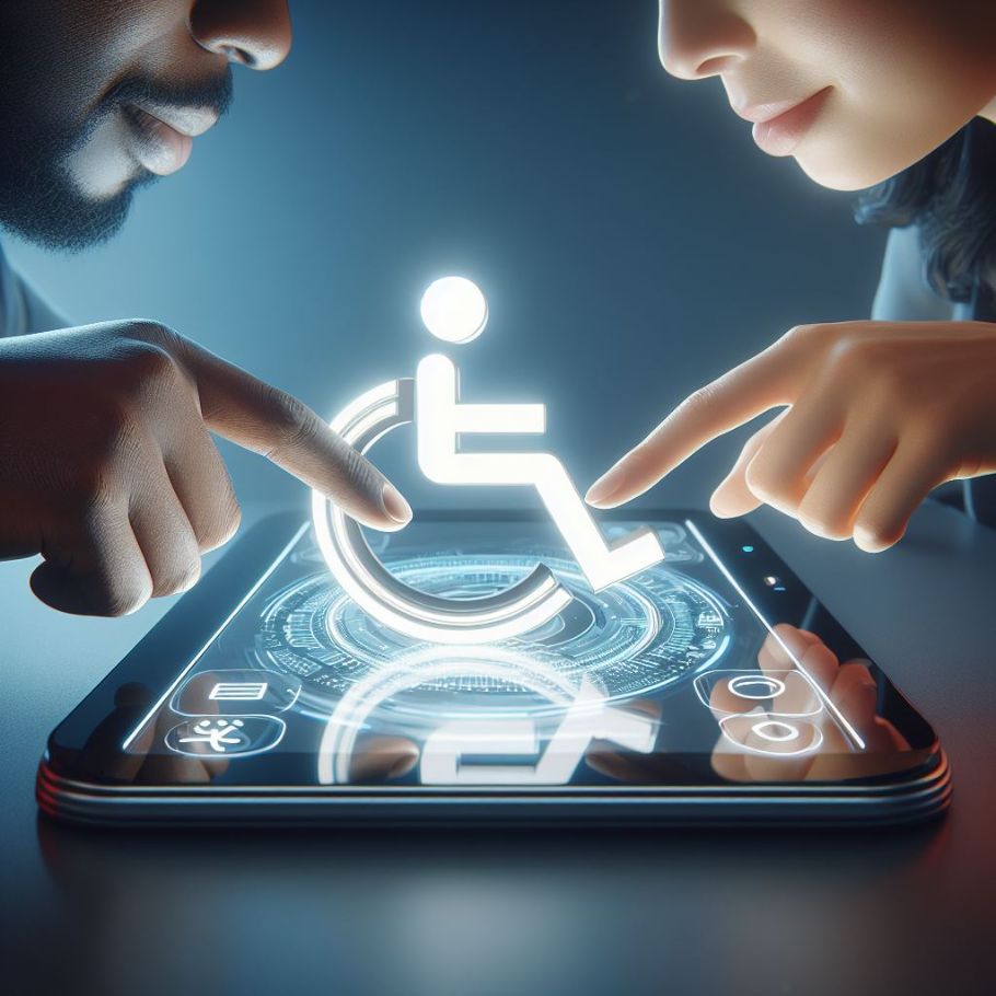 Logotipo da Plataforma de Publicações Acessíveis do Senado. Na imagem, uma mulher branca e um homem negro navegam pela tela de um tablet, onde é exibido um dos símbolos da acessibilidade.