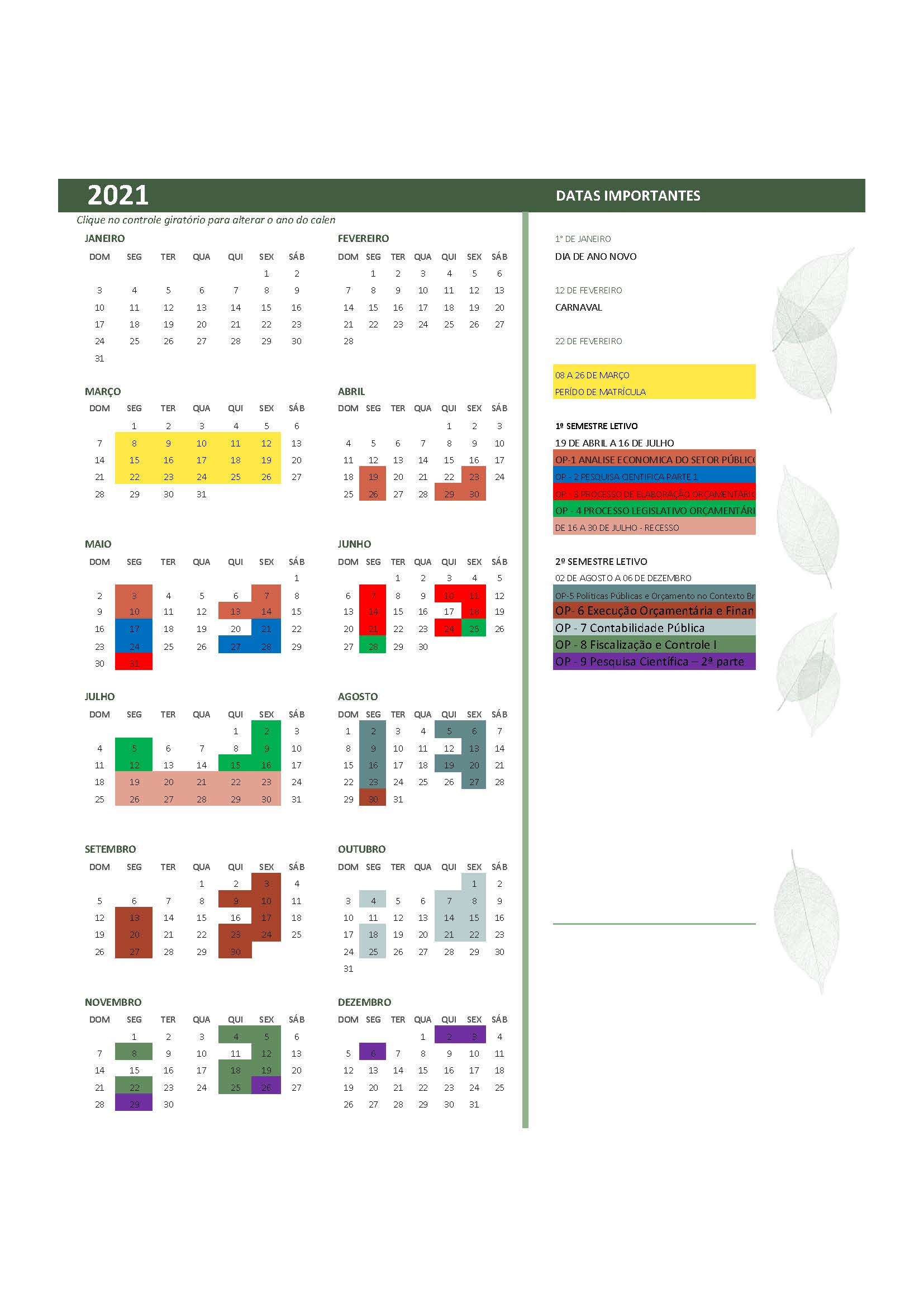 Calendário Orçamento 2021