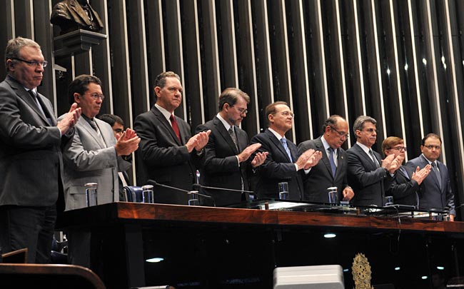 Presidente do senado, Renan Calheiros (PMDB-AL), comemora 70 anos de reinstalação da Justiça Eleitoral em sessão especial Foto: Jane de Araújo