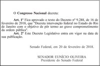 Publicado decreto de intervenção na segurança pública do Rio de Janeiro