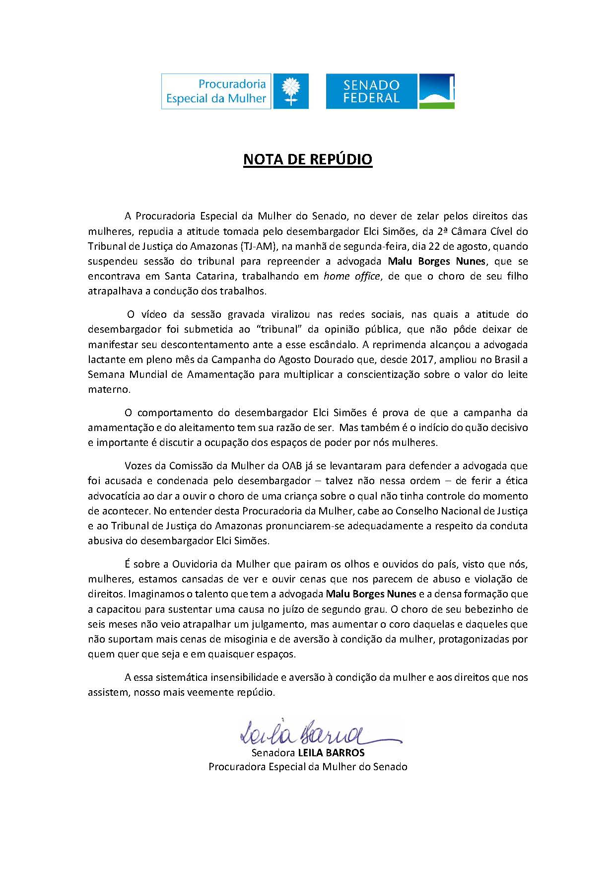 Nota de repúdio desembargador Elci Simões, da 2ª Câmara Cível do Tribunal de Justiça do Amazonas (TJ-AM)