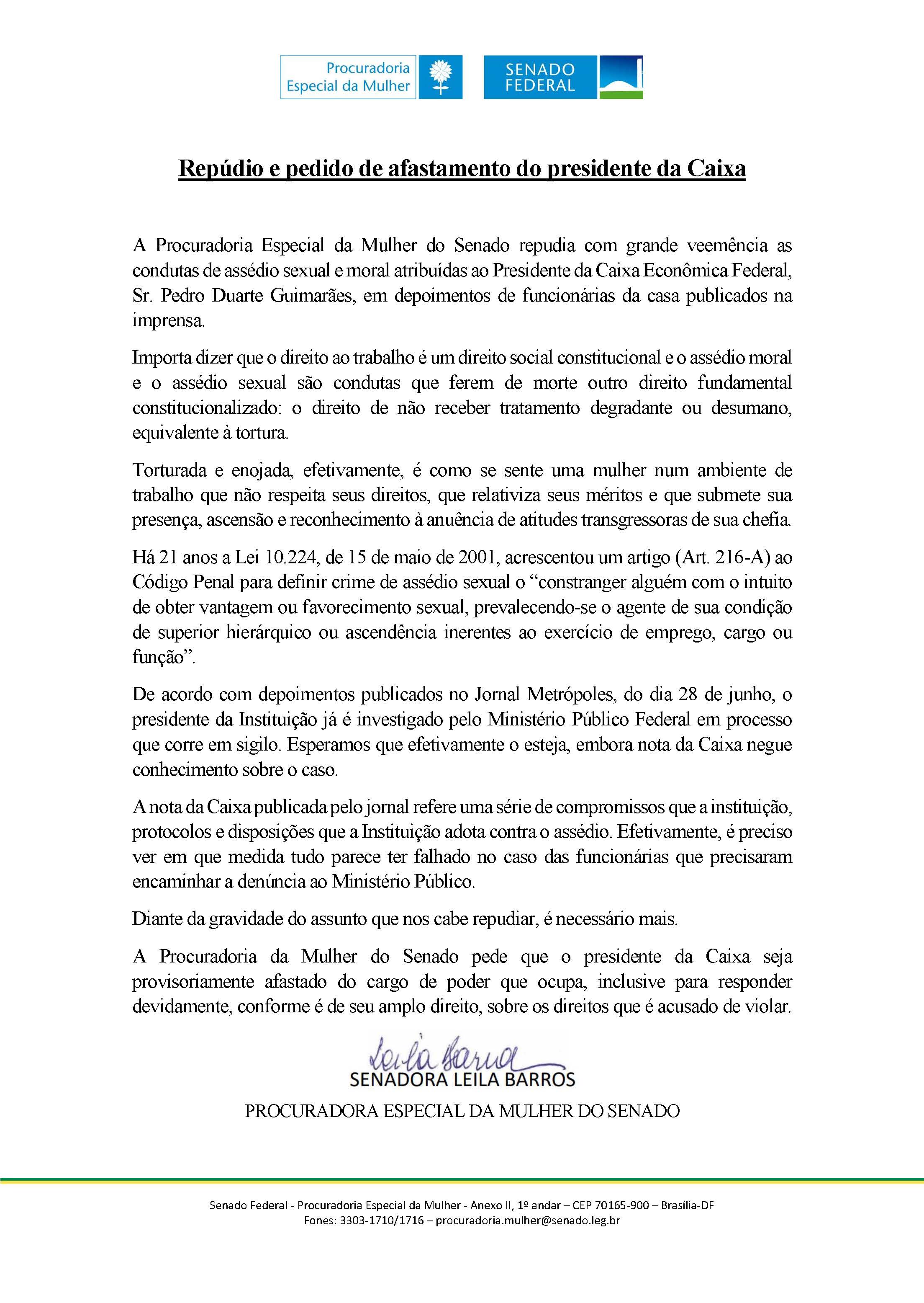 Nota de repúdio e pedido de afastamento do presidente da Caixa