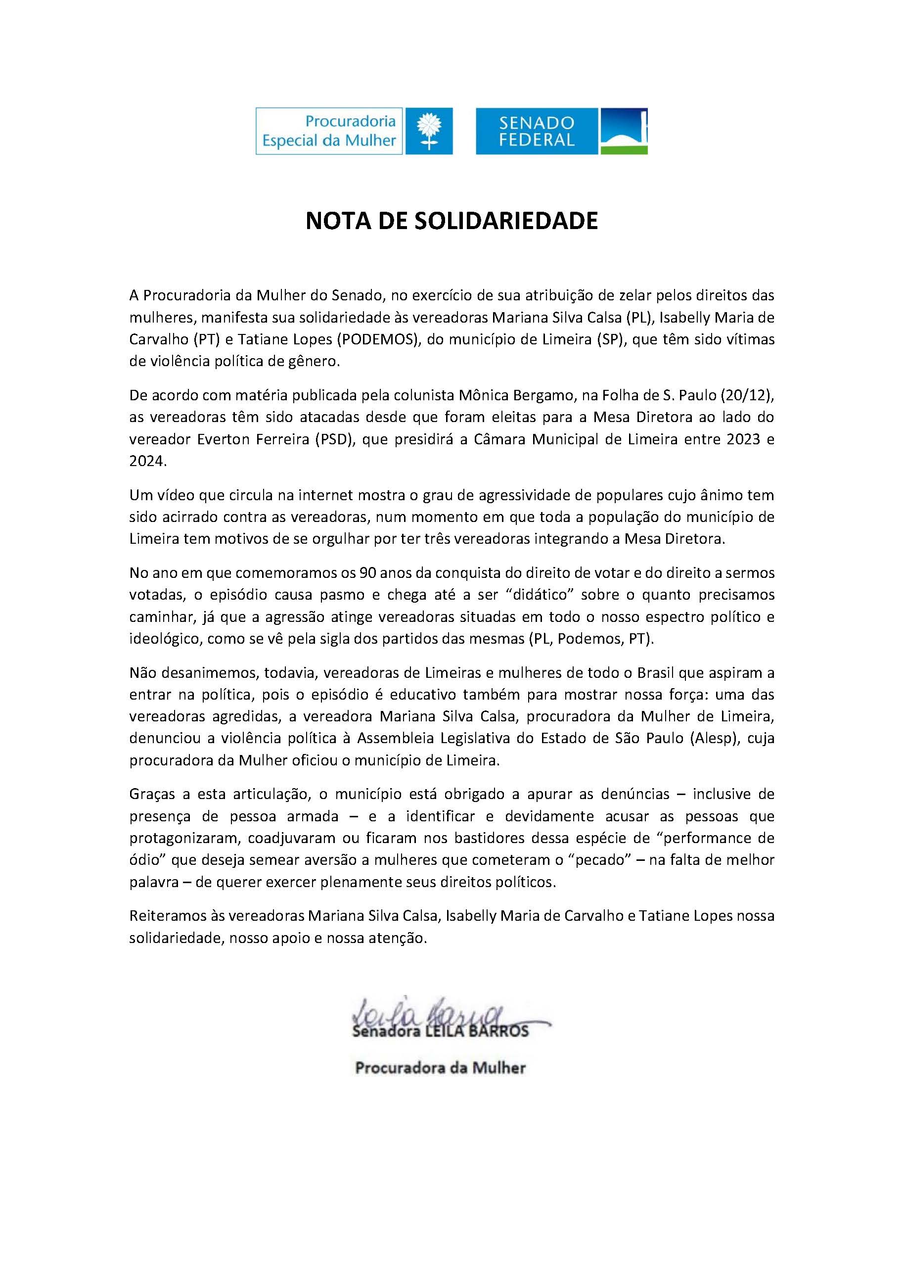 Nota de Solidariedade às vereadoras Mariana Silva 