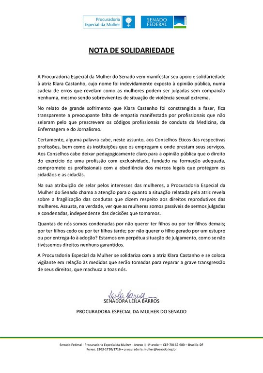 NOTA DE SOLIDARIEDADE atriz Klara Castanho