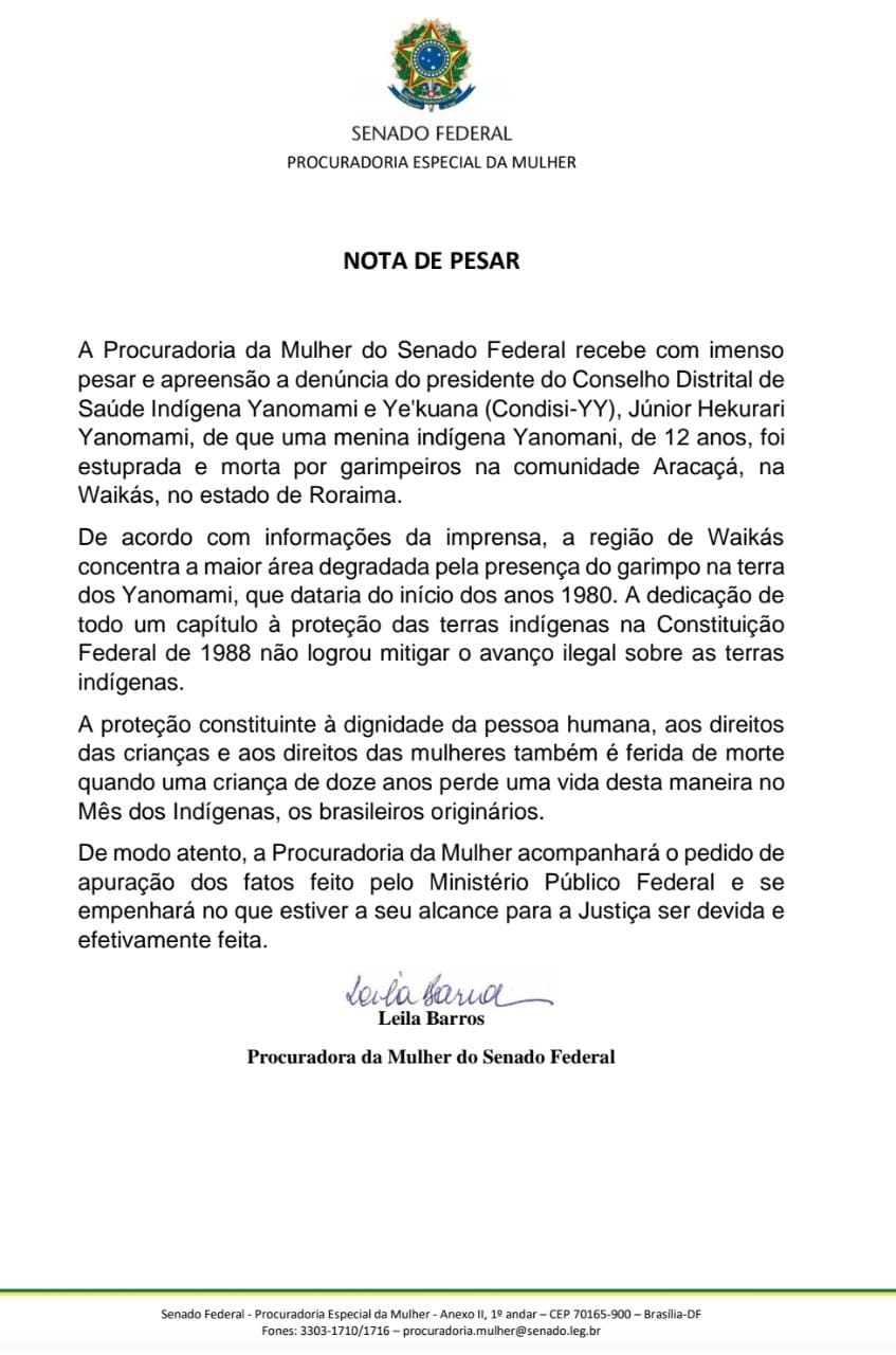 Nota Pesar  menina indígena Yanomani, de 12 anos
