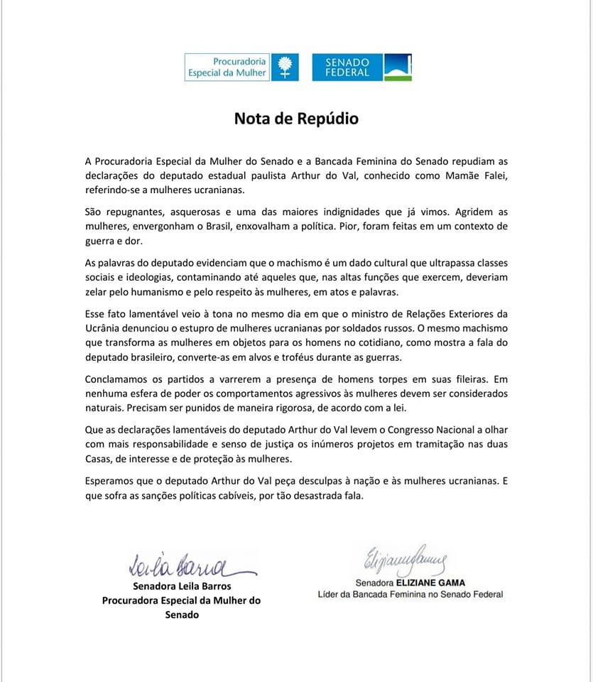 Nota repudio as declarações do deputado estadual paulista Arthur do Val, 