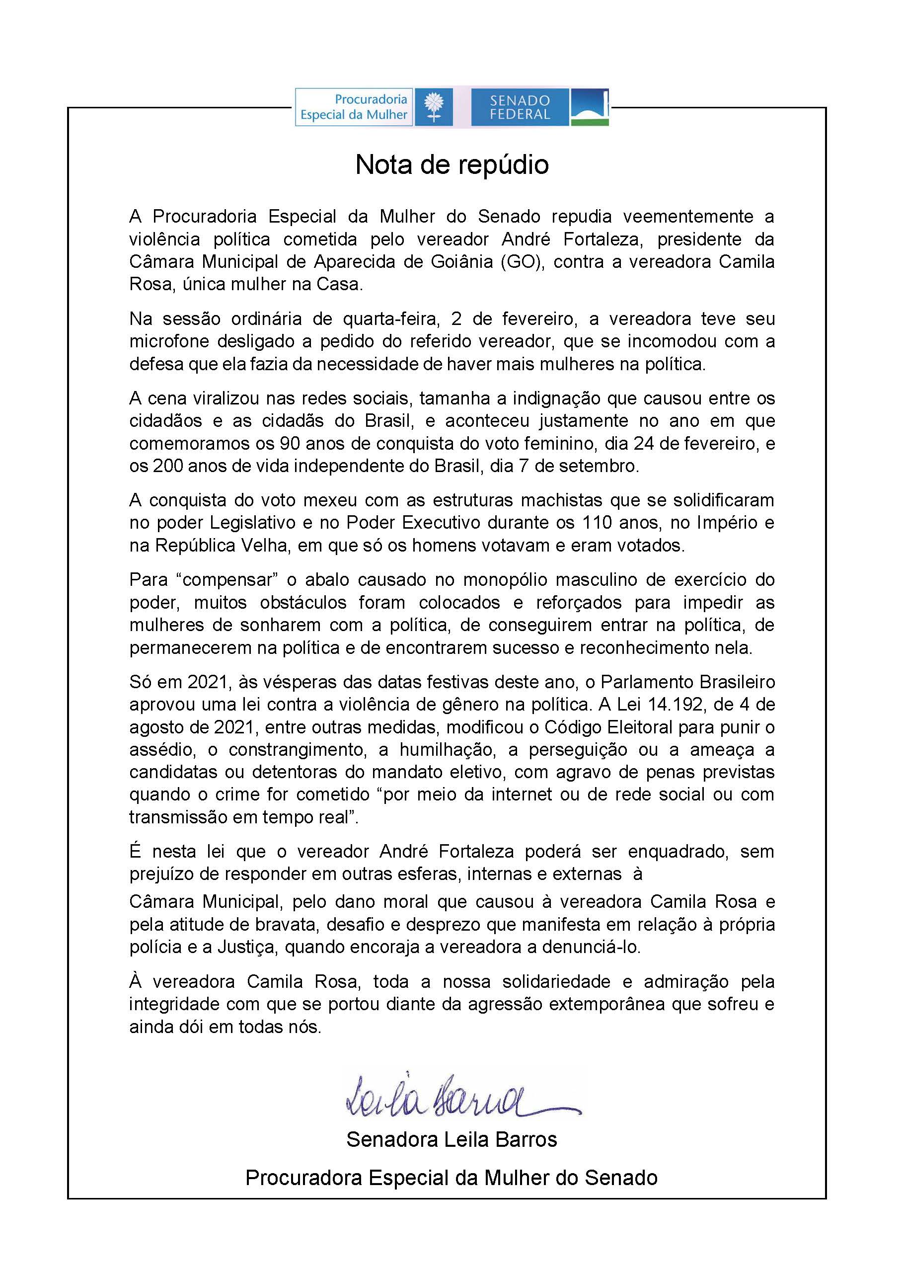 Nota Repudio Vereadora Camila Rosa