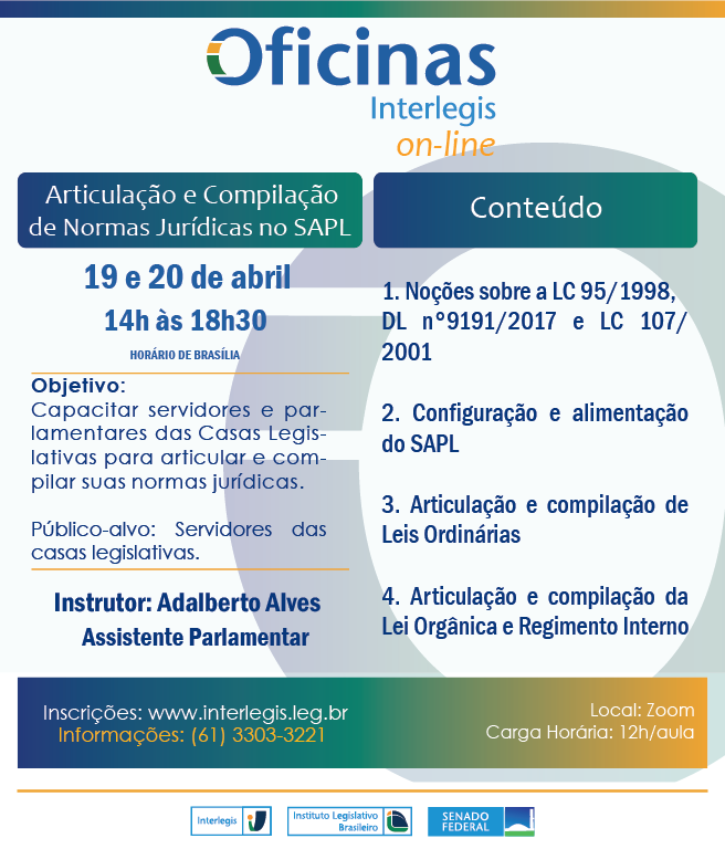 Oficina Interlegis de Articulação e Compilação de Normas Jurídicas no SAPL - Turma 2/2022