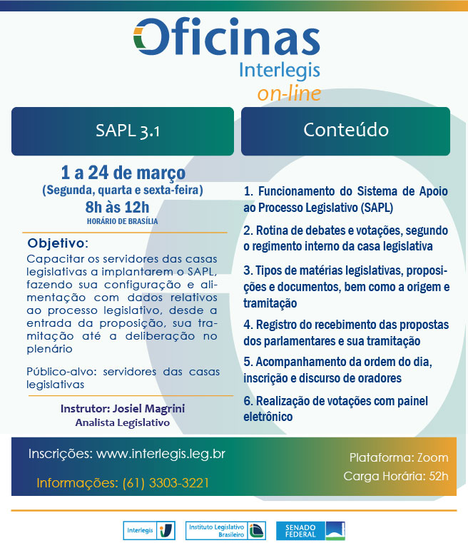 Oficina Interlegis de Sistema de Apoio ao Processo Legislativo (SAPL) - Turma 1/2023 - "MANHÃ"
