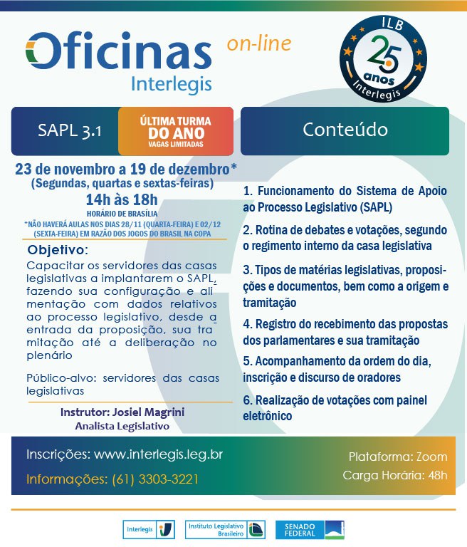 Oficina Interlegis de Sistema de Apoio ao Processo Legislativo (SAPL) - Turma 11/2022