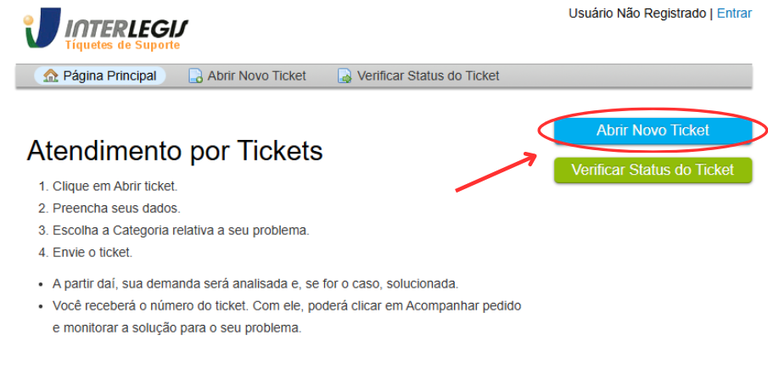 Captura de tela indicando onde clicar para abrir um novo chamado