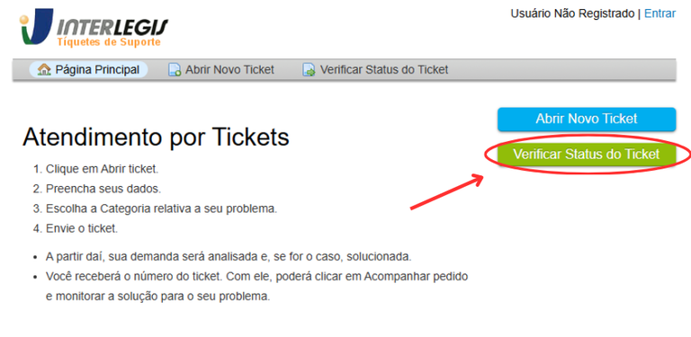 Captura de tela indicando onde clicar para verificar o status do chamado