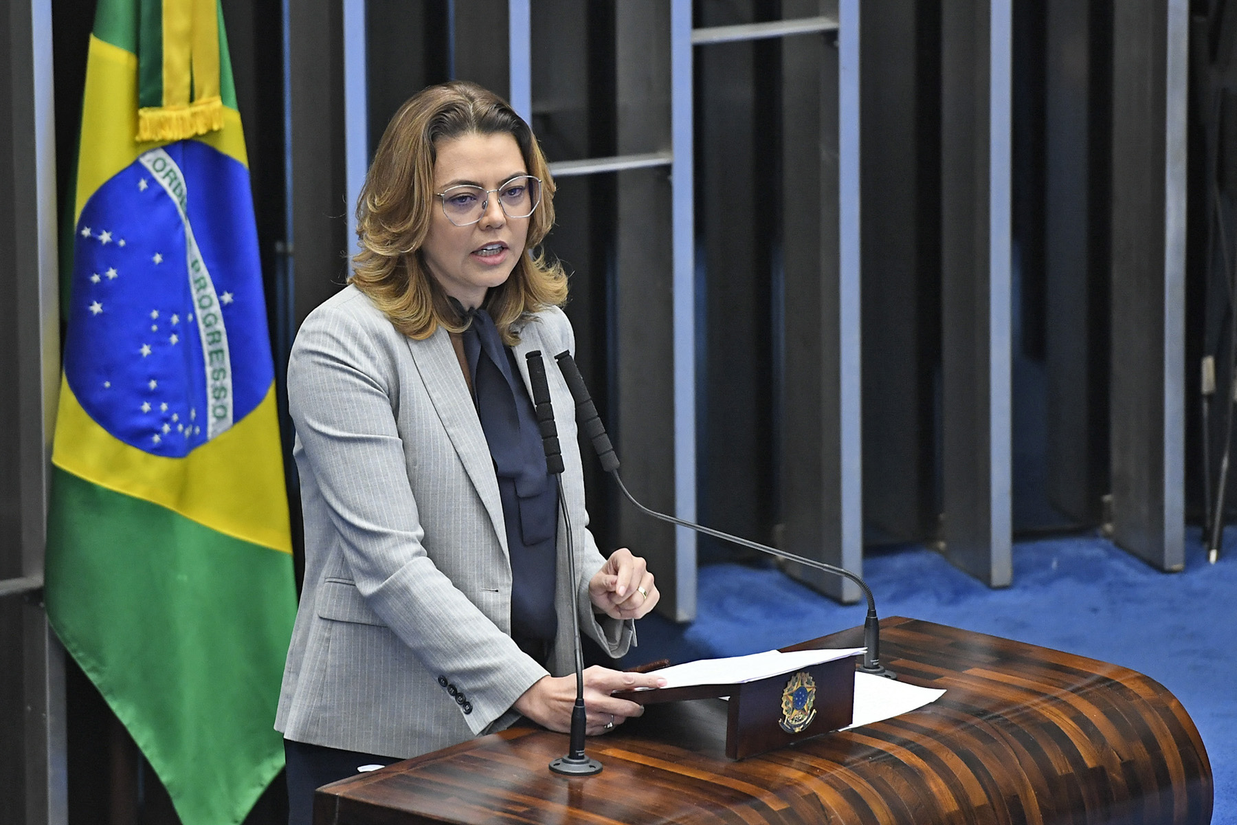 Em discurso, à tribuna, senadora Leila Barros (Foto: Marcos Oliveira/Agência Senado)