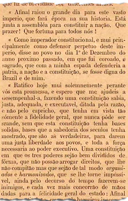 Discurso de 3 de maio de 1823 em que D. Pedro I abre o Parlamento e pede uma Constituição digna do Brasil