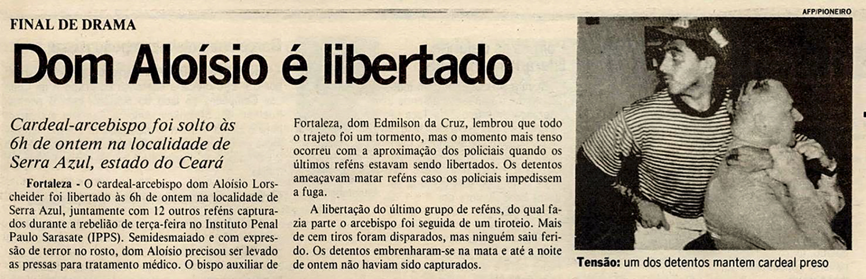 Jornal O Pioneiro noticia a libertação de D. Aloísio Lorscheider, após 18 horas em poder de sequestradores (imagem: Biblioteca Nacional Digital)