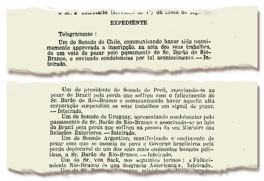 Telegramas de condolências que o Senado recebeu do exterior pela morte de Rio Branco (imagem: reprodução/Arquivo do Senado)