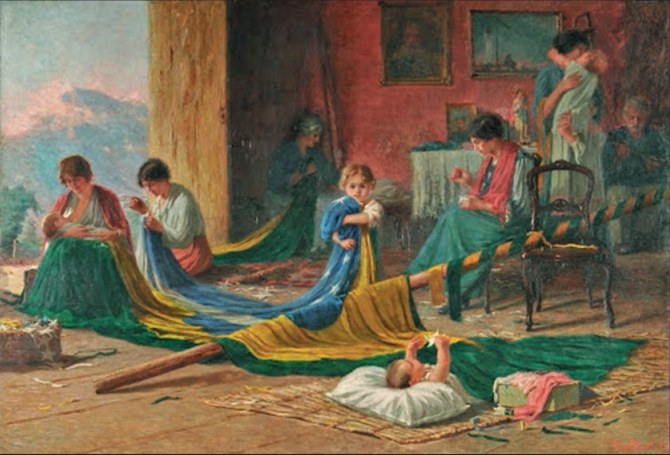 O quadro Pátria, pintado por Pedro Bruno em 1919, mostra mulheres costurando a bandeira do Brasil