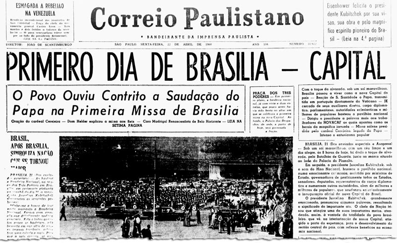 Jornal noticia, em 1960, a inauguração de Brasília (imagem: Correio Paulistano/Biblioteca Nacional Digital)