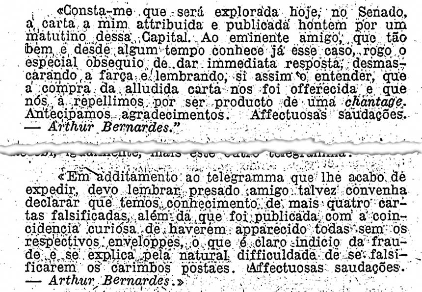 Telegramas em que o candidato Arthur Bernardes pede ao senador Paulo de Frontin ajuda no episódio das cartas falsas (imagens: Arquivo do Senado)