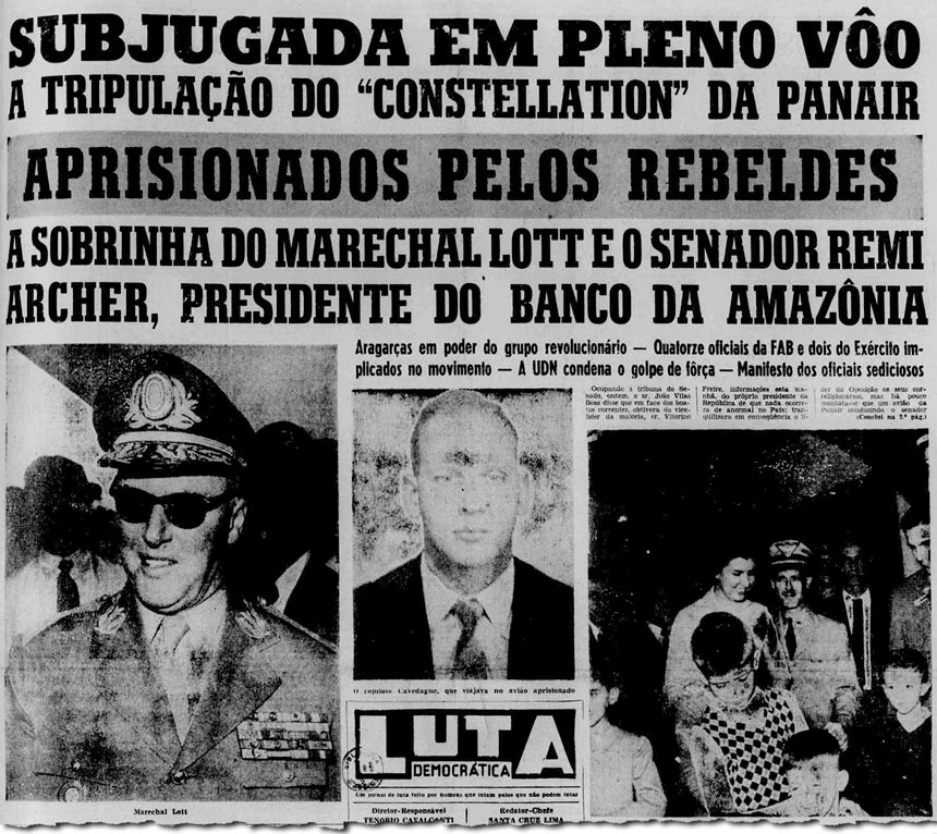 Jornal noticia em 1959 a deflagração da Revolta de Aragarças (imagem: Luta Democrática/Biblioteca Nacional)