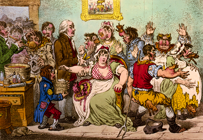 Charge inglesa antivacina do século 19 mostra pessoas desenvolvendo características de vaca após imunização (imagem: James Gillray/Anti-Vaccine Society Print )