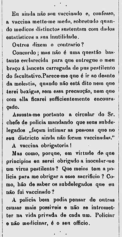 Artigo publicado na Revista Ilustrada em 1881 contra a vacinação obrigatória (imagem: Biblioteca Nacional)
