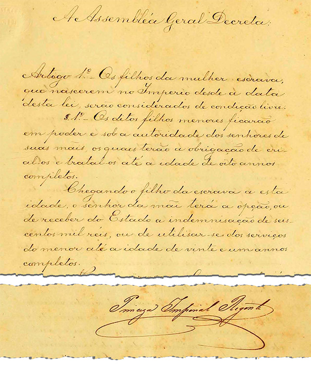 A versão original da Lei do Ventre Livre, assinada pela princesa Isabel (imagem: Arquivo do Senado)