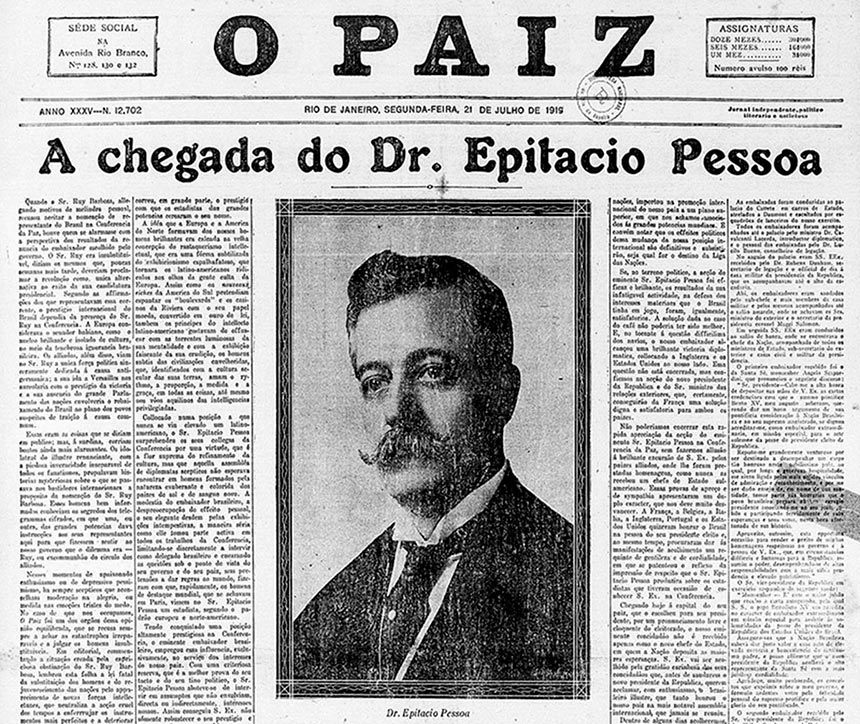 Jornal noticia a chegada de Epitacio Pessôa ao Brasil três meses após sua vitória na eleição presidencial de 1919 (imagem: Biblioteca Nacional Digital)