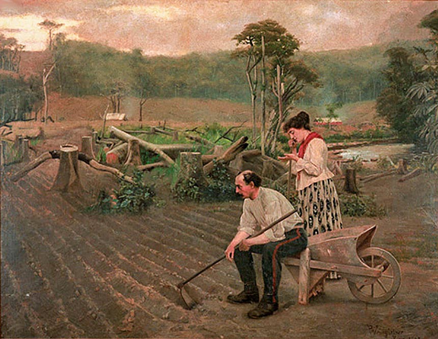 Pintura de Pedro Weingärtner mostra alemães no Sul do Brasil em 1889: latifundiários não queriam que imigrantes europeus tivessem livre acesso à terra (imagem: reprodução)