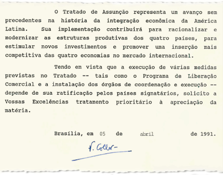 Mensagem em que o presidente Collor pede ao Congresso que ratifique o tratado do Mercosul (imagem: Arquivo do Senado)