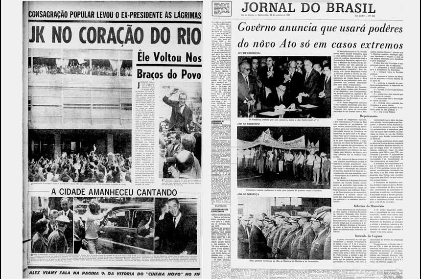 Jornais registram dois momentos críticos: Última Hora festeja o retorno de JK ao Brasil, em 5 de outubro, e o Jornal do Brasil noticia a assinatura do AI-2, no dia 28