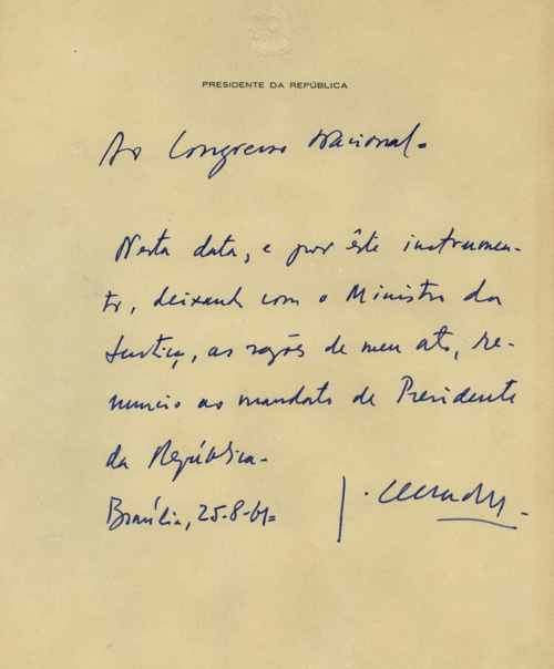 Bilhete de renúncia enviado por Jânio ao Congresso (imagem: Arquivo do Senado)
