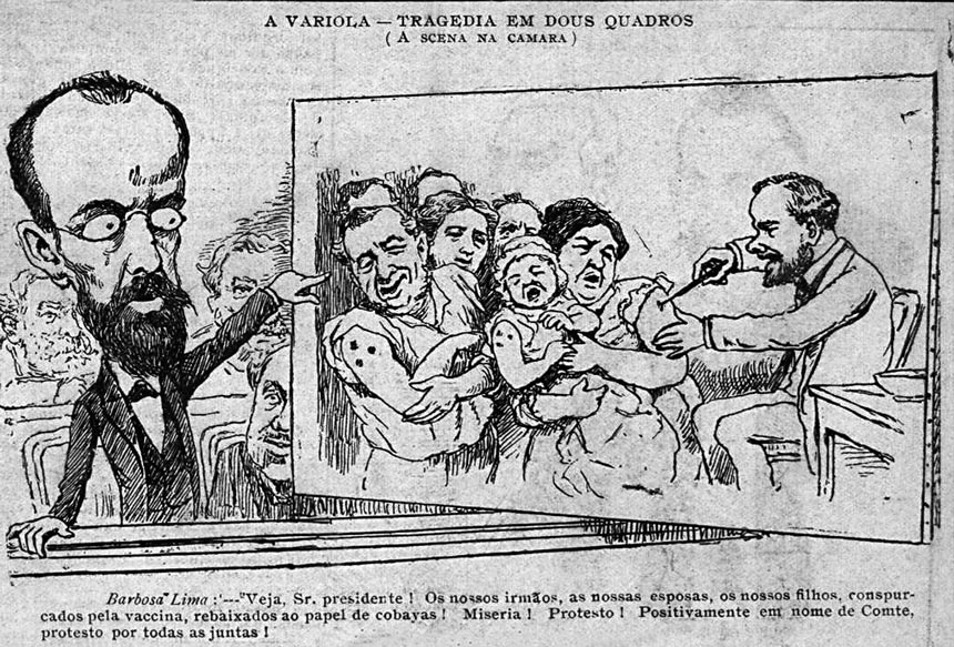 Charge mostra deputado Barbosa Lima, contrário à vacinação obrigatória (imagem: O Malho/Biblioteca Nacional Digital)