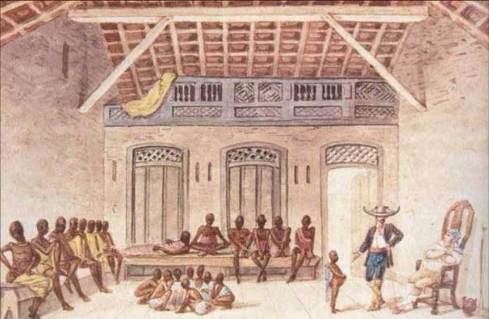 Mercado da Rua do Valongo (Rio), aquarela de Debret: no local, traficantes vendiam escravos recém-trazidos da África