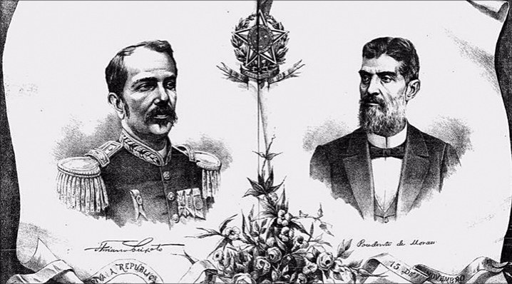 Floriano, que deixava o poder, e Prudente, o eleito, na Revista Ilustrada em 1894: em nome dos brasileiros, o semanário ”joga-lhes um punhado de flores”