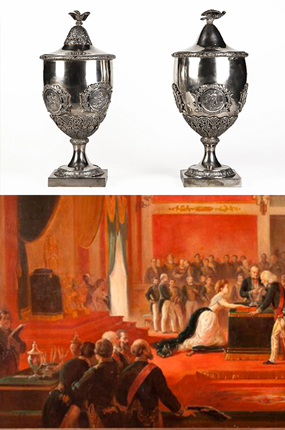 As urnas de prata usadas no Senado do Império aparecem no quadro do juramento da princesa Isabel, no canto inferior esquerdo (imagens: Museu do Senado e Victor Meirelles)