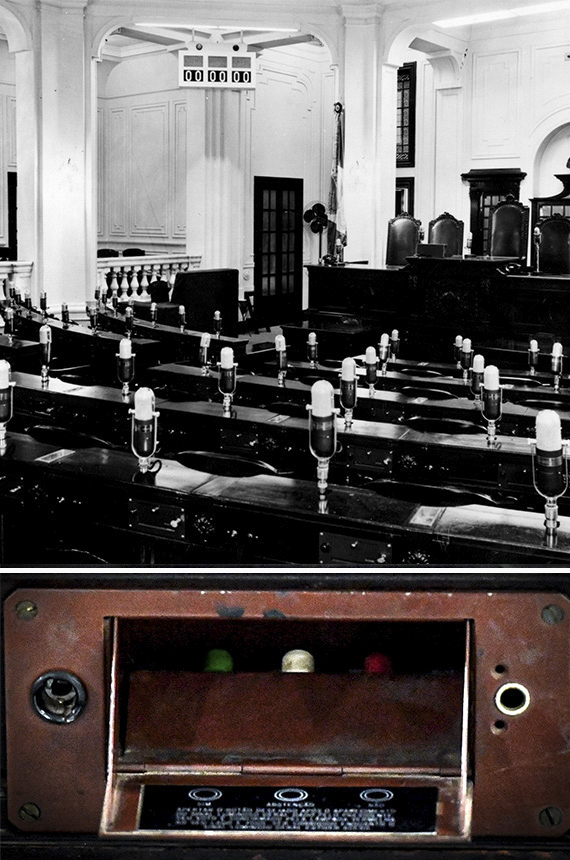 O placar e os botões do sistema elétrico de votação adotados pelo Senado em 1958 (fotos: Arquivo do Senado e Marcos Oliveira/Agência Senado)