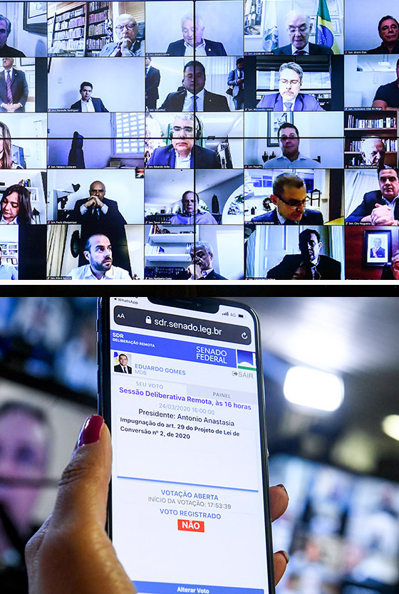 Soluções do Senado na época da pandemia: videoconferência para debates e aplicativo para votações (fotos: Marcos Oliveira/Agência Senado)