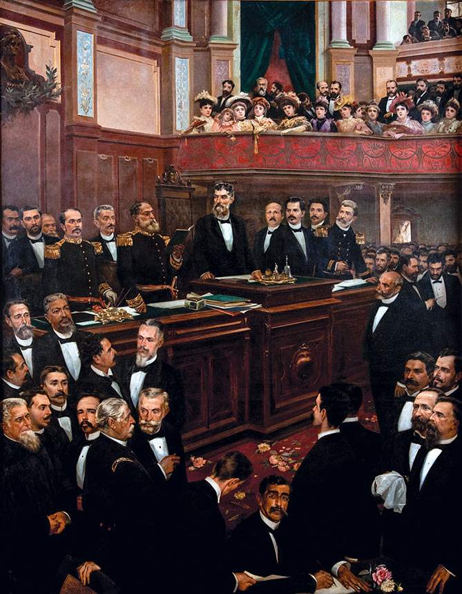 Pintura retrata a promulgação da Constituição de 1891: no alto, as mulheres como meras espectadoras da política (imagem: Aurélio de Figueiredo/Museu da República)