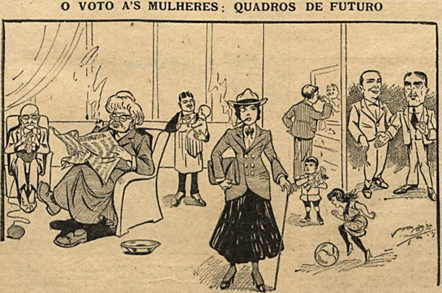 Resistência da imprensa: charge de 1917 mostra que o voto feminino faria o homem e a mulher trocarem de papel na sociedade (imagem: O Malho/Biblioteca Nacional Digital)