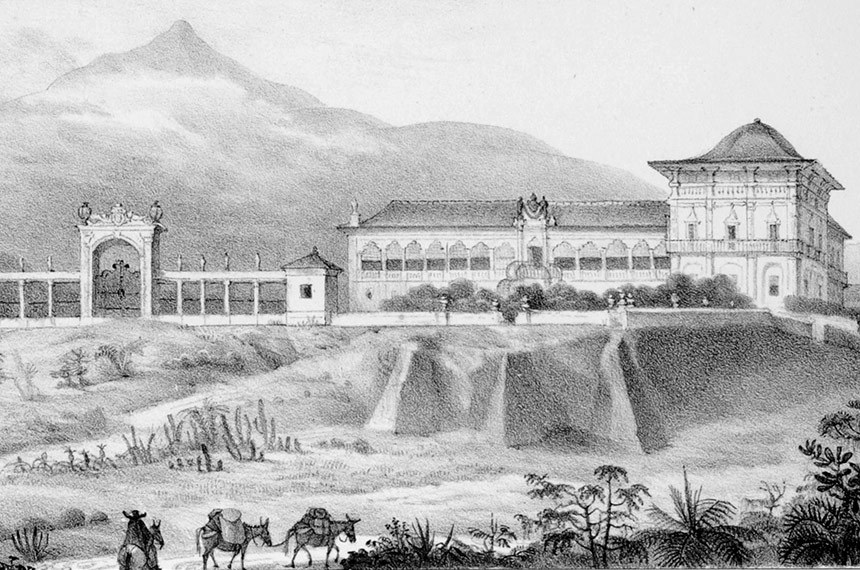 O Paço de São Cristóvão na época de Pedro I, quando contava com uma torre e dois pavimentos; sob Pedro II, teria duas torres e três pavimentos