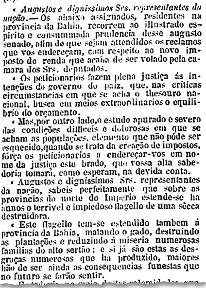Comerciantes da Bahia pedem ao Senado em 1879 que rejeite a criação do Imposto de Renda (imagem: Arquivo do Senado)