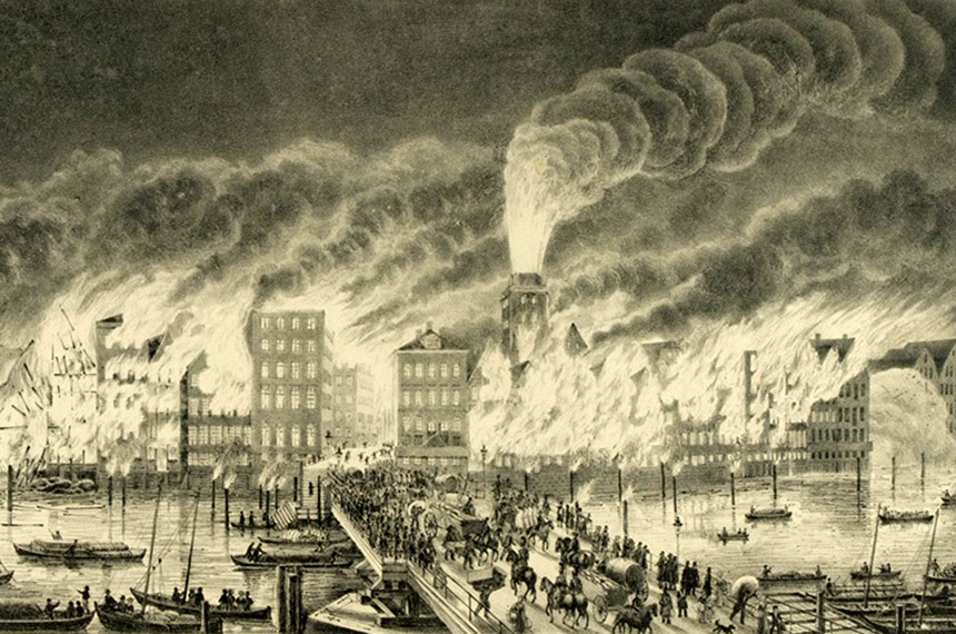 Incêndio que destruiu o porto de Hamburgo, na Alemanha, em 1842, fez a arrecadação tributária do Brasil cair drasticamente (imagem: Stiftung Historische Museen Hamburg)