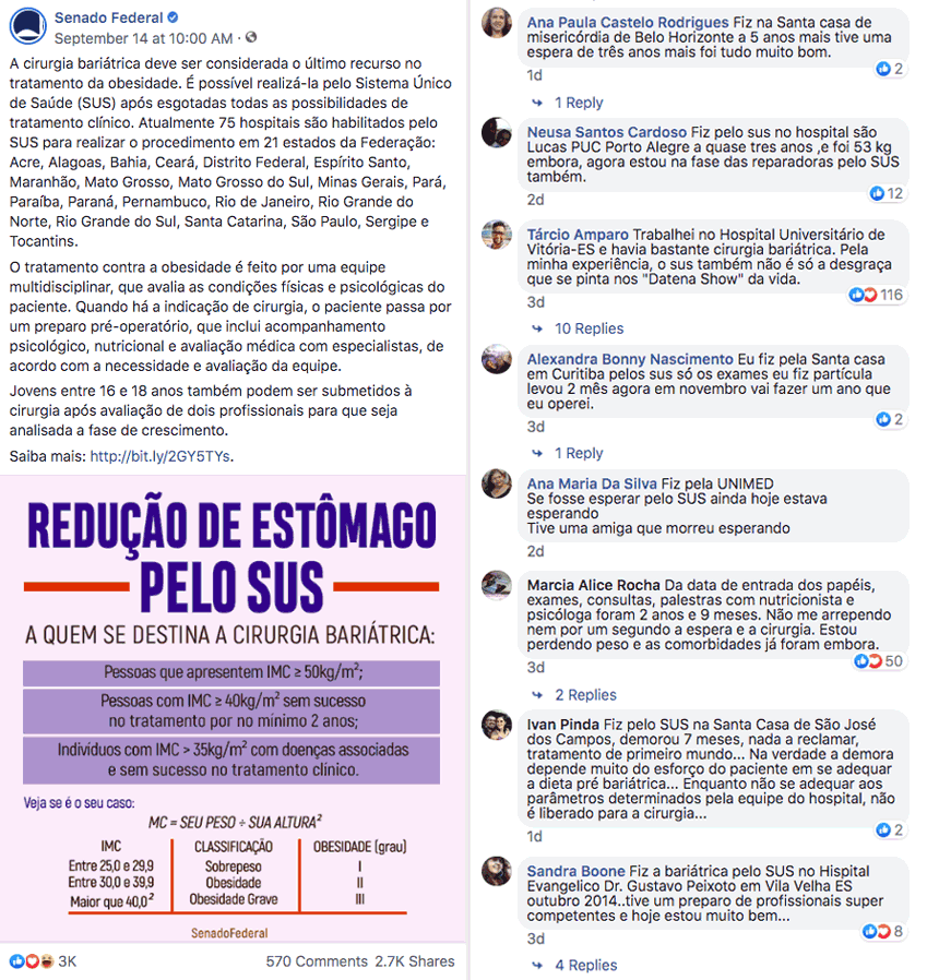 Comentários a publicação do Senado no Facebook mostram apoio da população a um dos serviços do SUS