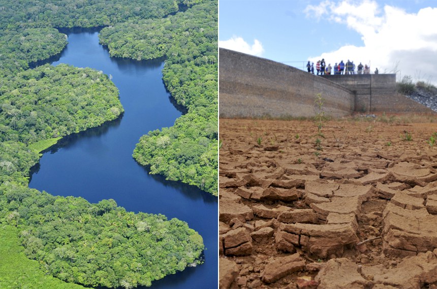 Bacia Amazônica, que tem boa parte da água doce do planeta, e reservatório seco em Brasília: país possui mananciais em abundância, mas distribuição do recurso é desigual