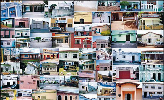Painel feito com fotos de algumas das mais de 5,5 mil Casas legislativas visitadas pelo Interlegis em censo realizado em 2005: trabalho do tamanho do Brasil. Foto: Montagem: Raul Grilo