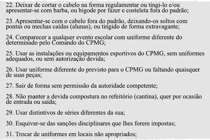 Proibições do regimento disciplinar dos colégios da PM de Goiás (imagem: reprodução)