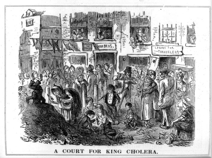 "Uma corte para o rei cólera": ilustração retrata as péssimas condições sanitárias da Londres do século 19 (imagem: Wellcome Collection)